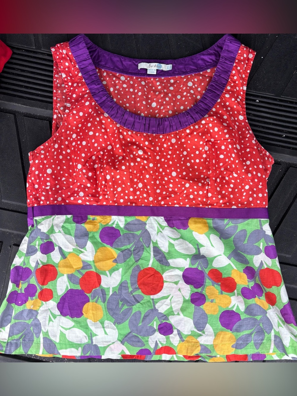 Boden Red Polka Dot & Multi Floral Sleeveless top with Purple Trim